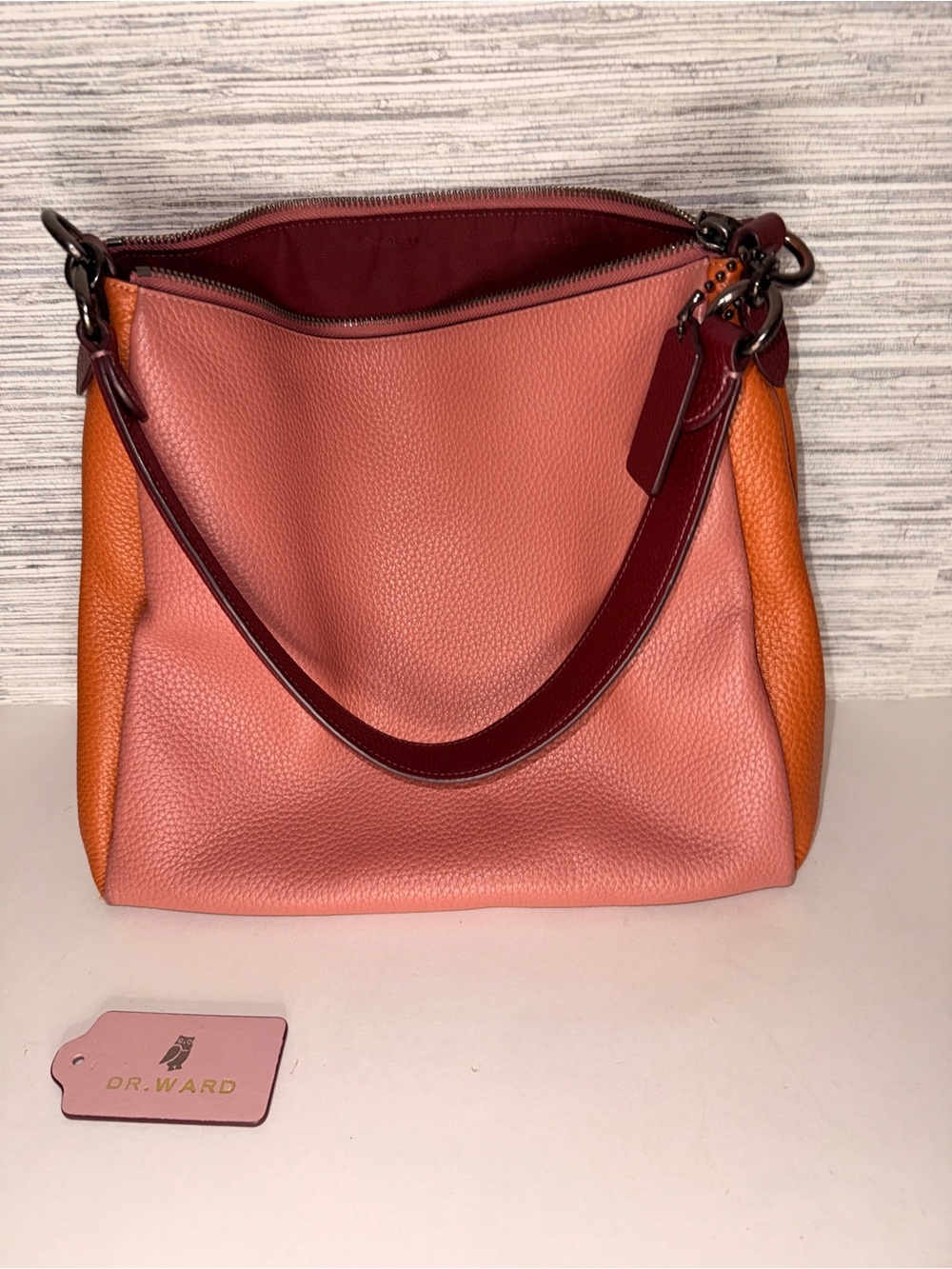 Coach Women’s Leather Bag in Mauve and Warm Orange Brown with Oxblood Handles